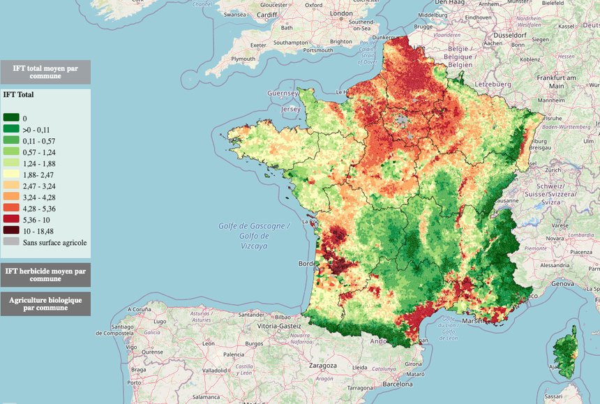 La carte interactive Adonis de Solagro permet de visualiser les IFT de chaque commune française.
