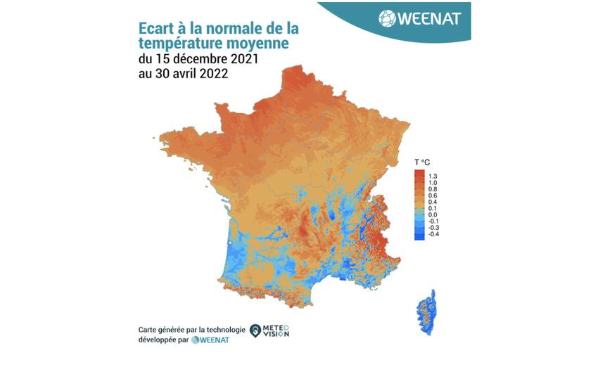 Ce début d’année est plus chaud de l’ordre de +1 à +1,5°C en moyenne au-dessus des valeurs saisonnières sur le territoire français. Crédit : Weenat
