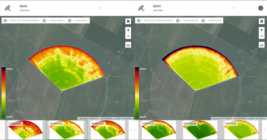 Le traitement NDVI des images satellites est un bon outil pour aider l’agriculteur à identifier un problème dans ses parcelles. Ici, un défaut de pression sur un pivot d’irrigation pénalisant les bord extérieurs de la parcelle. Crédit photo : Précifield