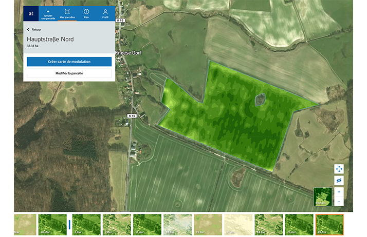 Carte de la biomasse actuelle et historique générée dans l'application Atfarm créée par Yara Digital Farming