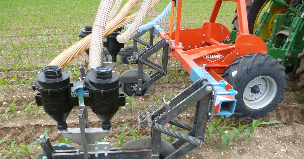 L’outil inspiré de la méthode Cultan permet de fertiliser le maïs un rang sur deux. Photo : DR 