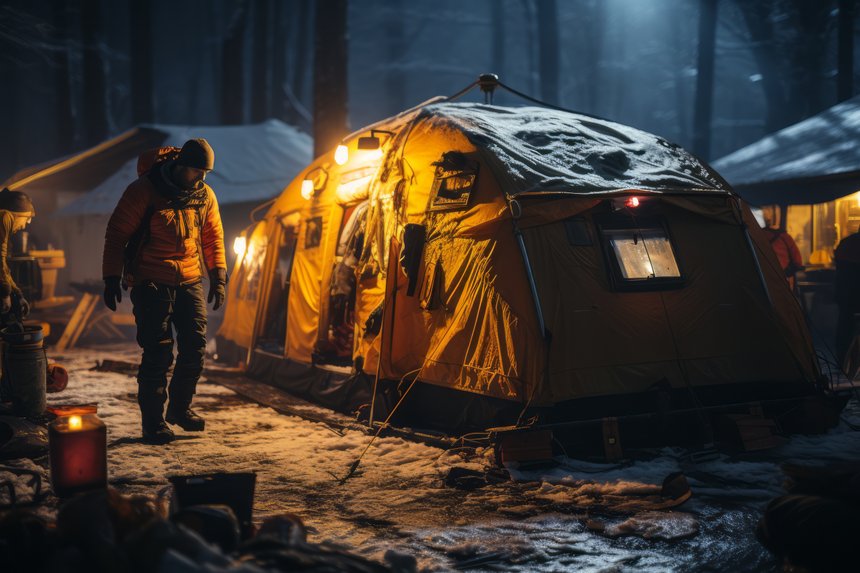 Rescue team setting up a temporary shelter in the snow, emphasizing their preparedness and ability to provide assistance even in extreme winter conditions. Generative Ai