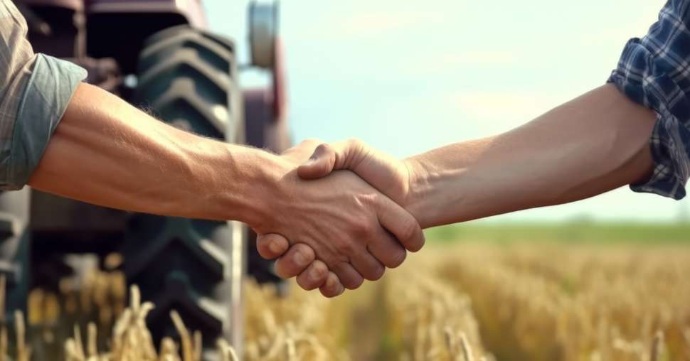 handshake of men farmers in shirts against the background of a wheat field with a tractor,
