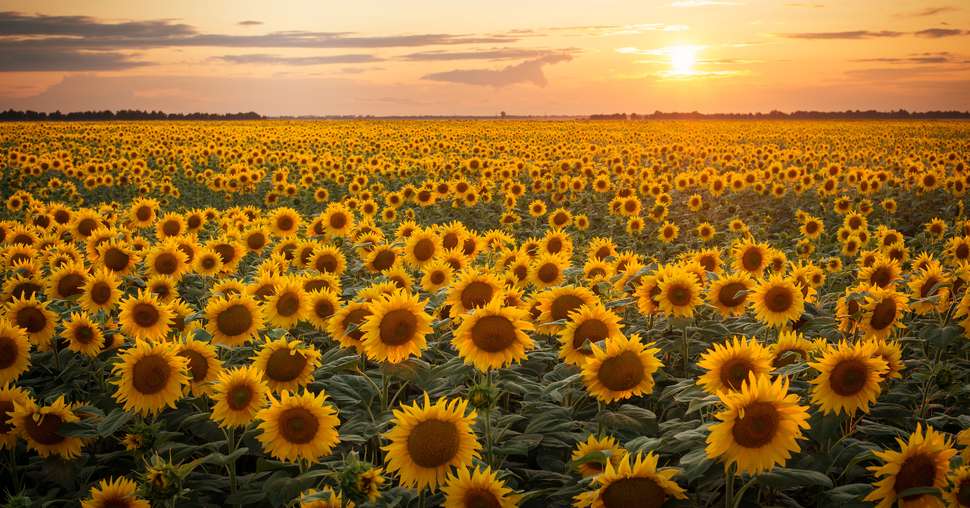 Beautiful sunset over big golden sunflower field in the countrys
