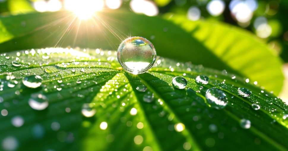 A Beautiful water drops sparkle in sun on leaf in sunlight, macro. Big droplet of morning dew outdoor, beautiful round bokeh. Amazing artistic image of purity of nature,ai generated.