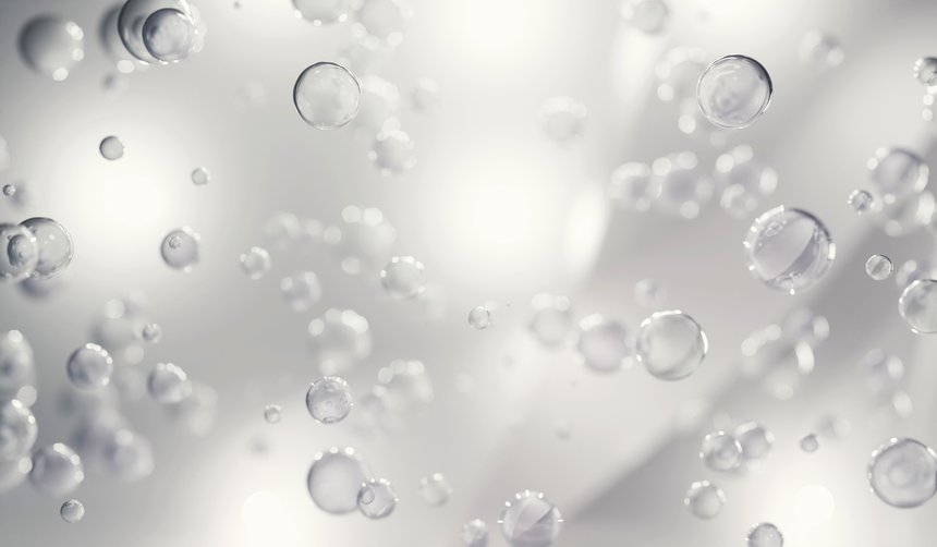 Liquid bubbles floating in air. Collagen bubbles. Concept for cosmetics. 3d Cosmetic molecule cream. 3d rendering.