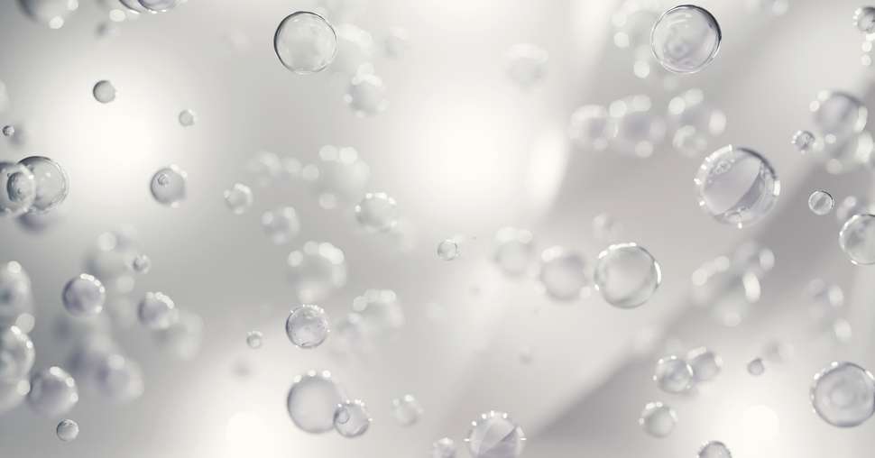 Liquid bubbles floating in air. Collagen bubbles. Concept for cosmetics. 3d Cosmetic molecule cream. 3d rendering.