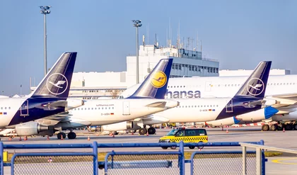 Airplanes of the German carrier Lufthansa are parking on the runways at Frankfurt Airport effecting by the spread of the coronavirus disease, April 2, 2020