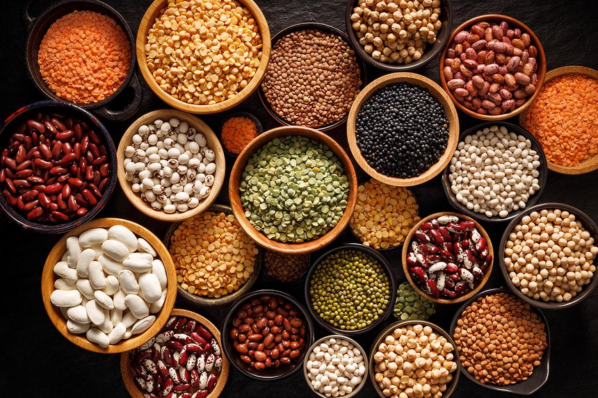 Legumes, a set consisting of different types of beans, lentils a