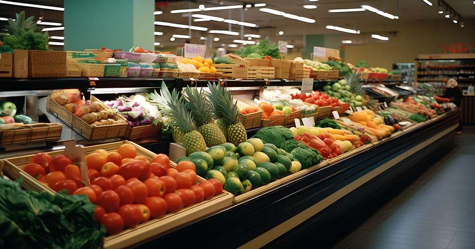 Display of exotic produce, eye-level shot of a vibrant array of