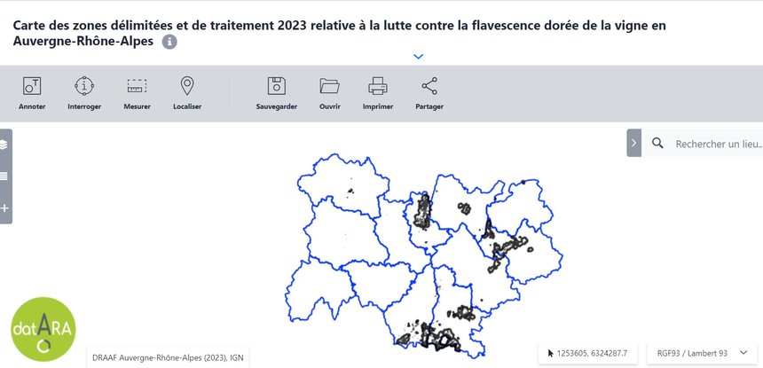 Carte des zones délimitées FD en 2023 en Auvergne Rhône-Alpes