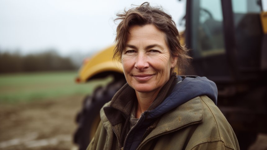 Portrait of a middle aged farmer woman smiling in front of her tractor. Generative AI AIG20.