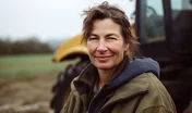 Portrait of a middle aged farmer woman smiling in front of her tractor. Generative AI AIG20.