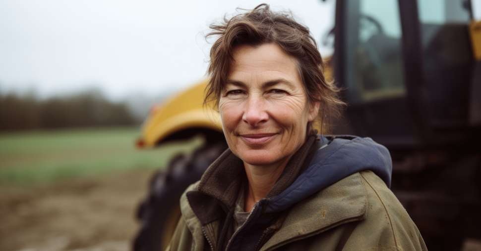 Portrait of a middle aged farmer woman smiling in front of her tractor. Generative AI AIG20.