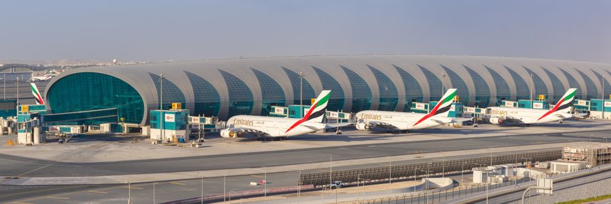 Emirates Airbus A380 airplanes panorama Dubai airport in the United Arab Emirates