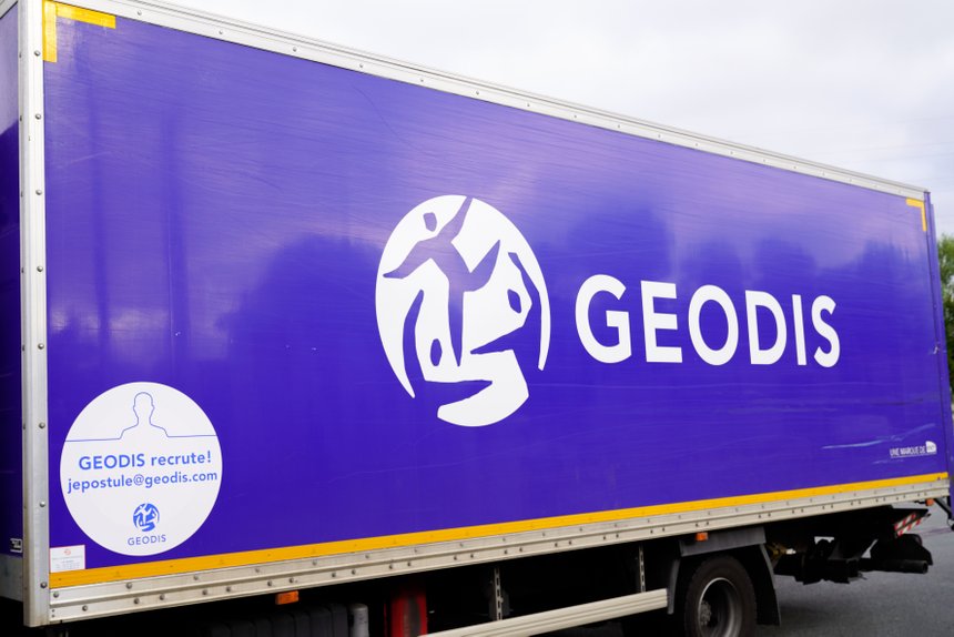 Geodis logo brand and text sign on side logistic panel truck from sncf french transport service