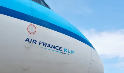 Air France-KLM logo on the nose of an airplane. Air France-KLM is a French-Dutch multinational with its headquarters at Charles de Gaulle Airport.