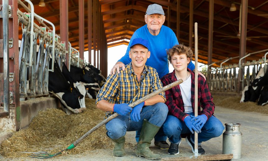 Successful elderly dairy farm owner with son and teen grandson s