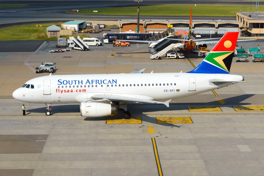 South African Airways Airbus A319 taxiing at O. R. Tambo International Airport. Airplane mostly used to fly domestic flights and registered as ZS-SFI