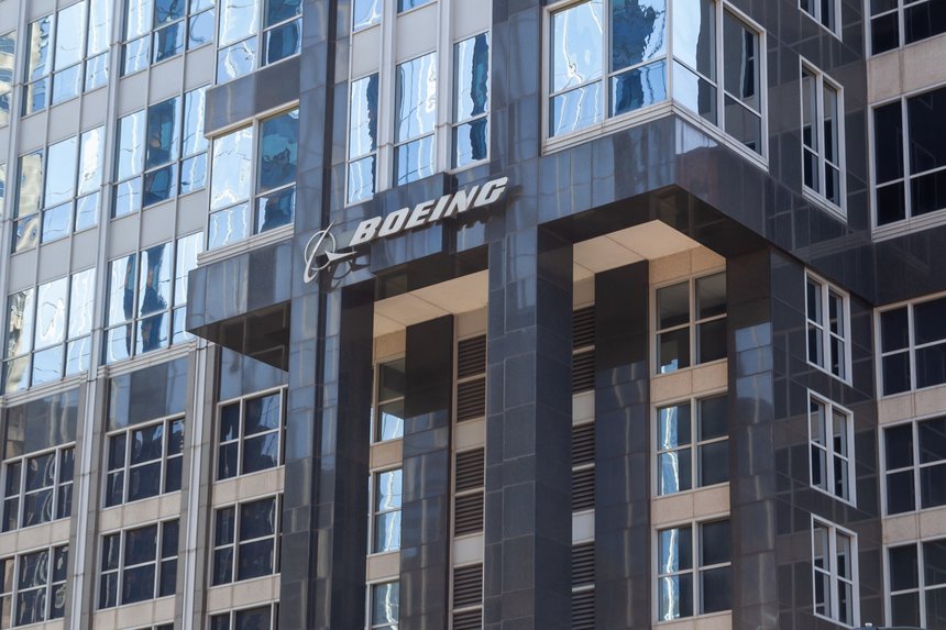 Chicago, Illinois, USA - March 28, 2022: The Boeing sign on the building at its headquarters in Chicago, Illinois, USA.  The Boeing Company is an American multinational corporation.