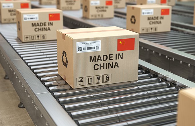 Made in China. Cardboard boxes with text made in China and chine