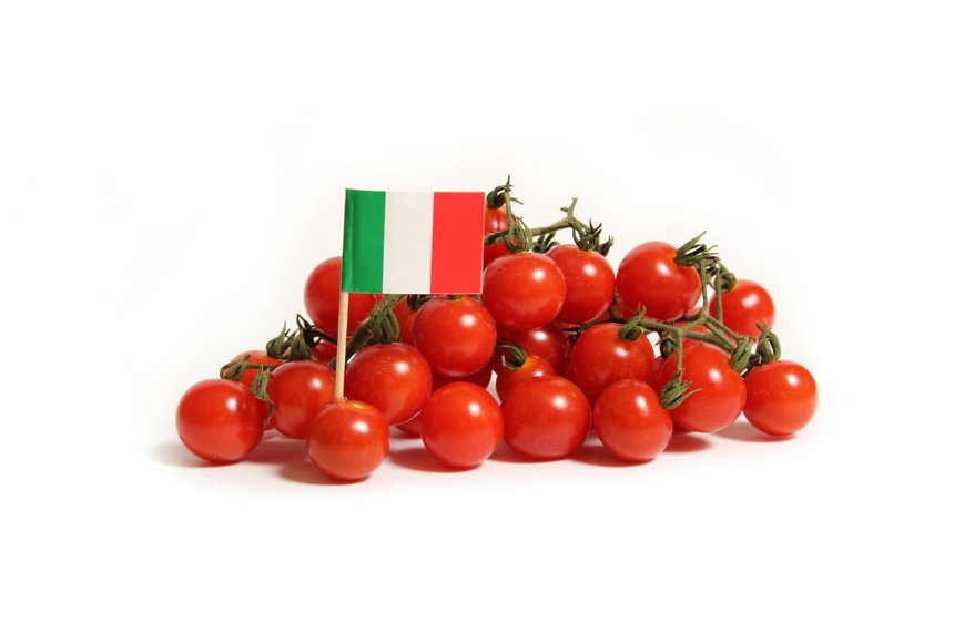 Red Cherry Tomatoes With Flag of Italy Isolated on White Background