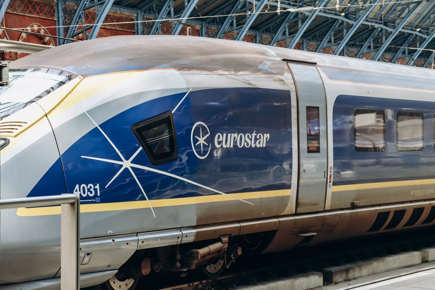London, United Kingdom - September 25, 2023: Close up on a Eurostar train on a platform in London, ready to depart for Paris.