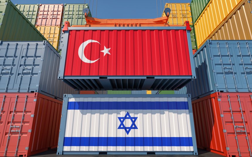 Freight containers with Israel and Turkey national flags. 3D Rendering