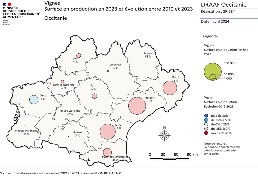 Vignes en production en Occitanie en 2023