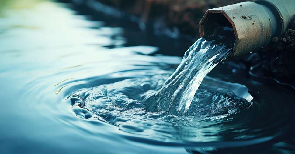 Water pipe in water field, discharge. Clear Water flowing from a pipe, closeup.