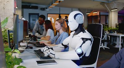 Robot working at computer among people. Maschine typing on keyboard in office. IT team of future. Futuristic worker. Humanoid work at call center. Support job. Selling concept. Technologies.