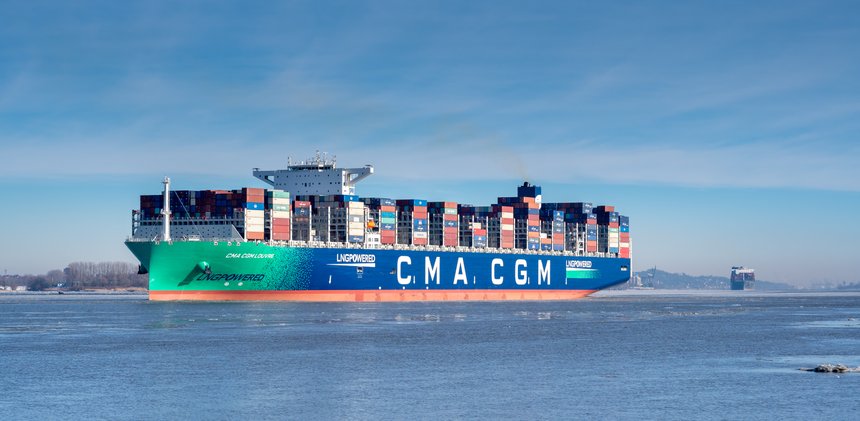 The LNG-powered containership, the CMA CGM Louvre, on the river Elbe near the city of Hamburg, Germany. Ship is leaving the port of Hamburg on Sunday the 14th of February 2021.