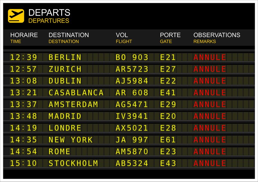Tableau des dÃ©parts de vols. Â« vol annulÃ© Â»