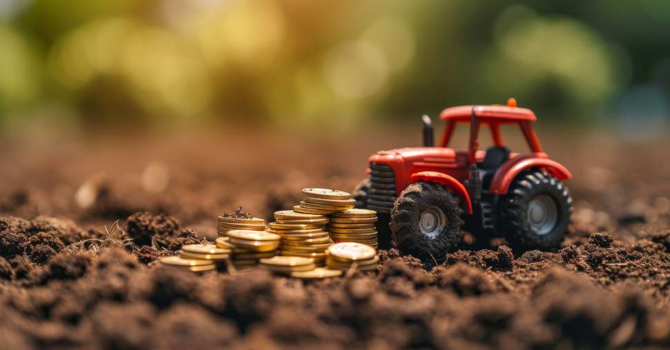 A toy tractor stands beside piles of golden coins on fertile soil, symbolizing the growth and investment in agriculture