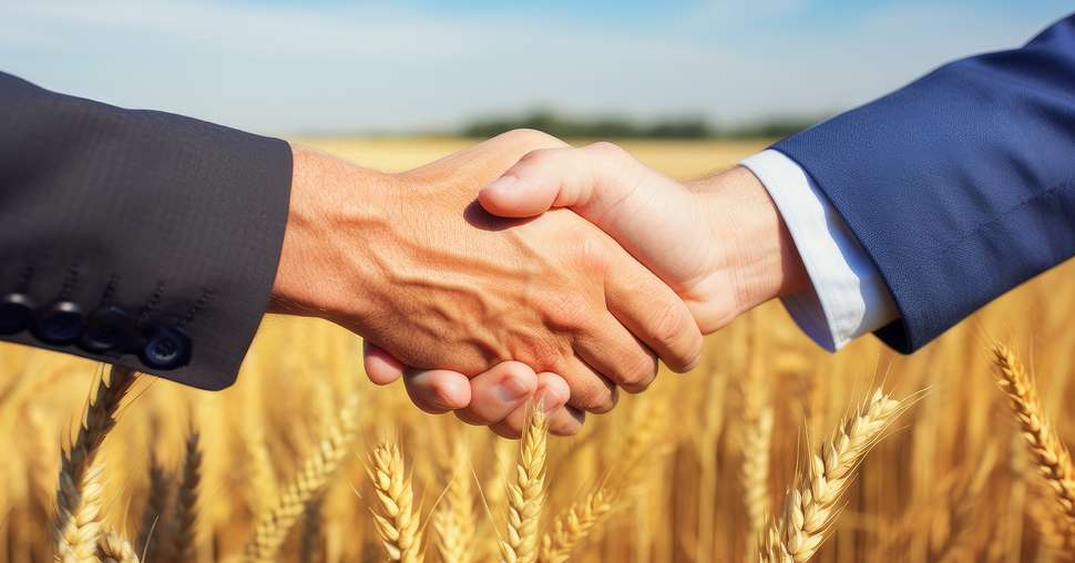 Two businessmen in a jacket and shirt shake hands while concludi