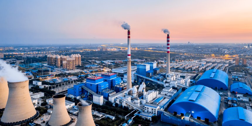 Aerial photo of a coal-fired power plant in Hohhot, Inner Mongolia, China at dusk