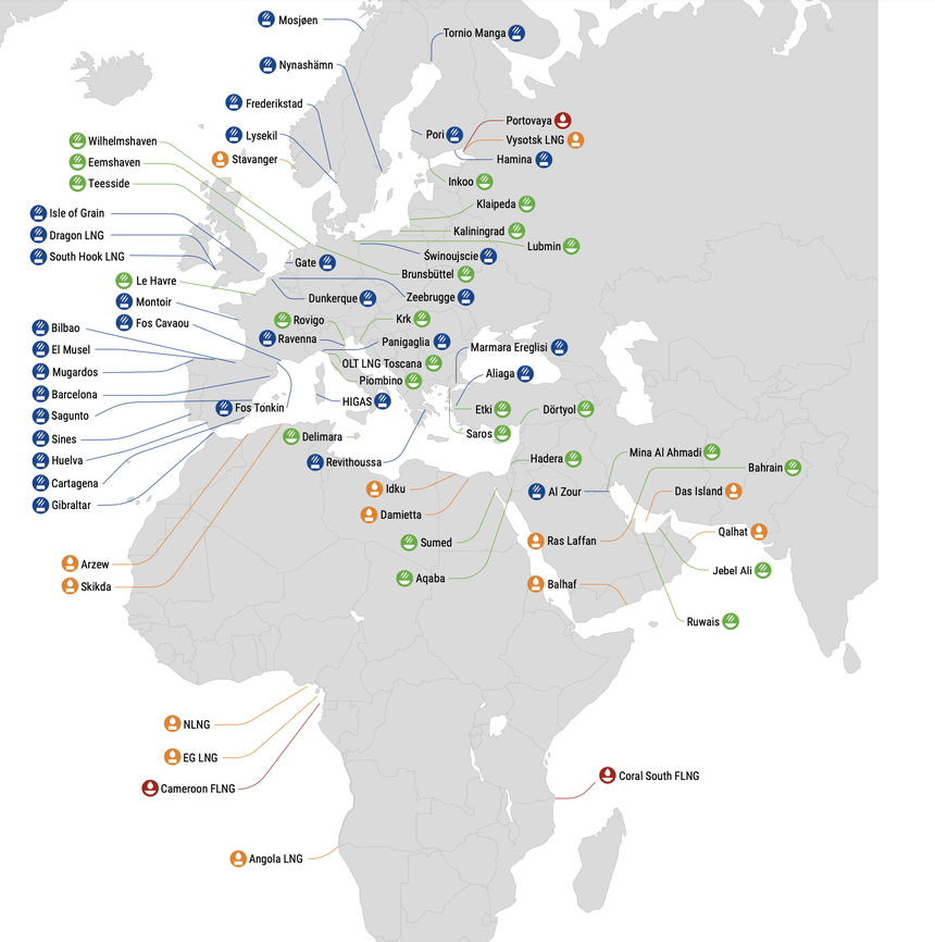 Carte des terminaux méthaniers en Europe