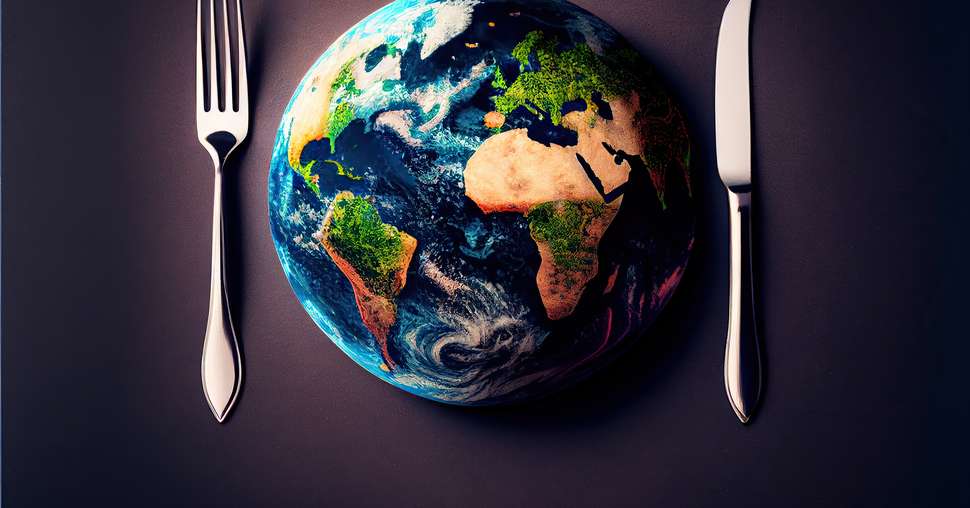 Created with Generative AI technology. The planet Earth plate with a fork and knife. World hunger concept. Feed the world.