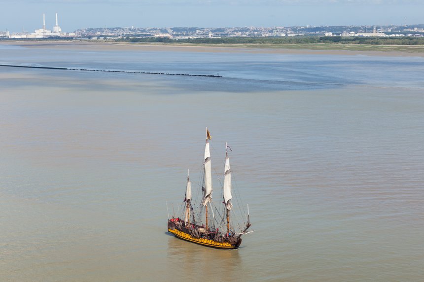 Tall ship Shtandart sailing in the Seine River estuary, Armada 2019, Normandy