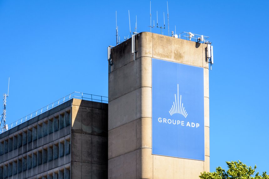 Roissy-en-France, France - July 27, 2020: Low angle view of the large banner "Groupe ADP" on the building which houses the headquarters of the french Border Police in Paris-Charles de Gaulle Airport.