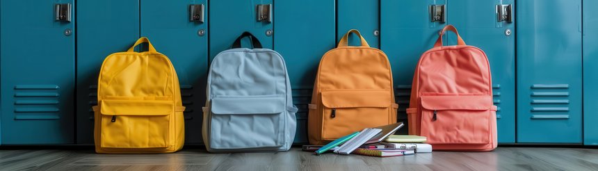 Backpacks with school supplies spilling out, placed in front of lockers, busy academic life, School essentials