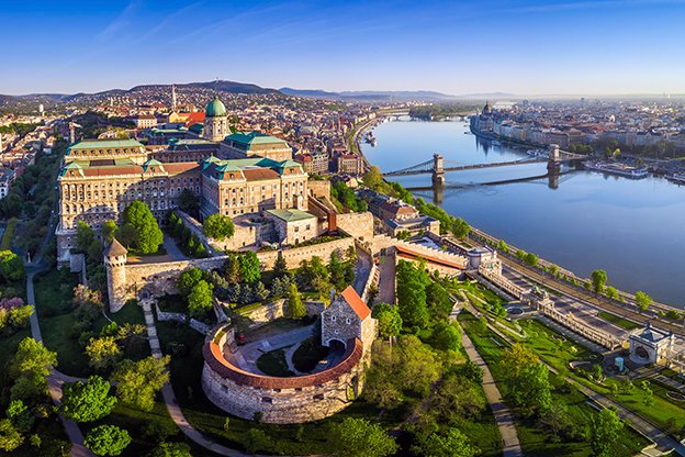 Budapest, Hungary - Aerial panoramic skyline view of Buda Castle