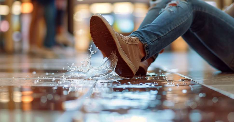 Person slipping and falling on a wet floor.