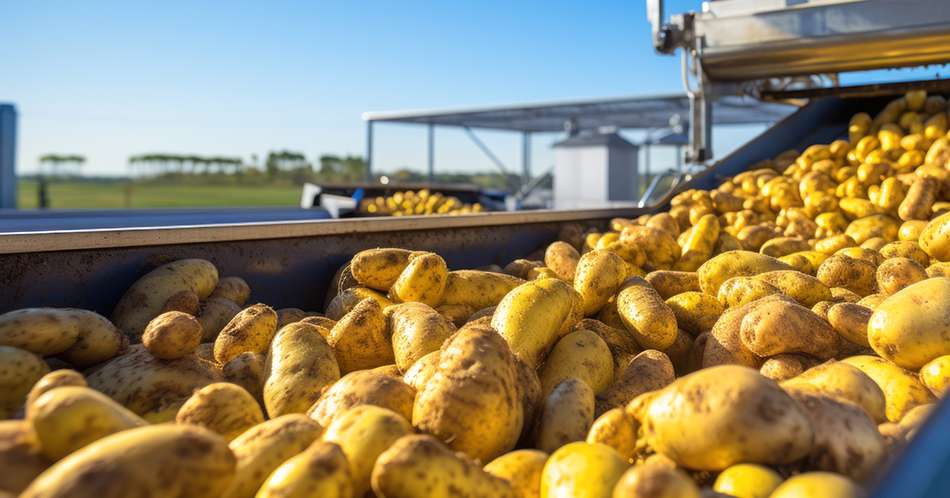 Potatoes are transferred into the container through a close-up p