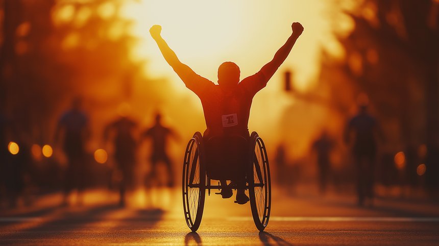 A wheelchair athlete celebrates victory with arms raised in the air during a race at sunrise.