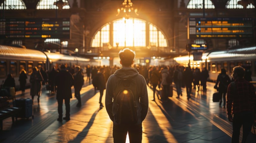 A man stands in a train station with a backpack on