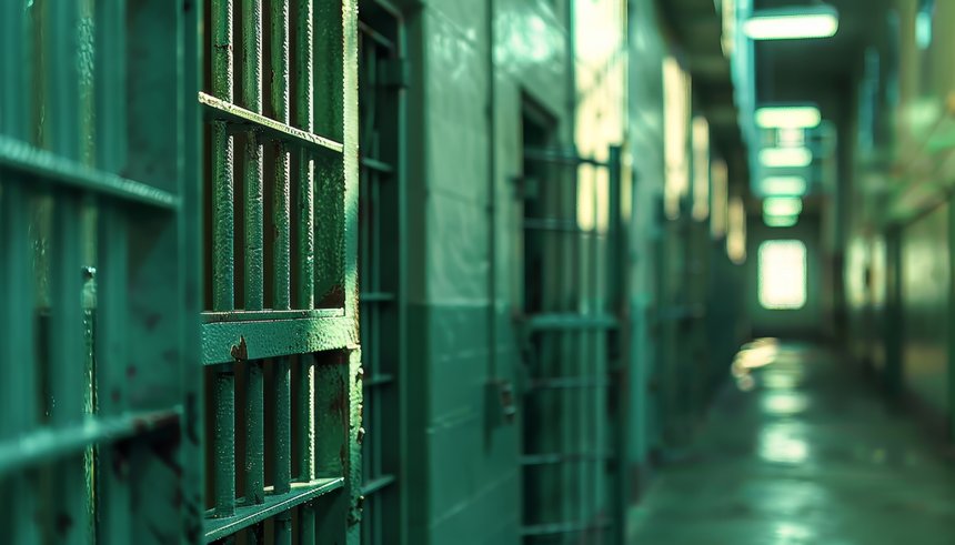 Row of prison cell doors in a jail corridor with a focus on one heavy green metal door