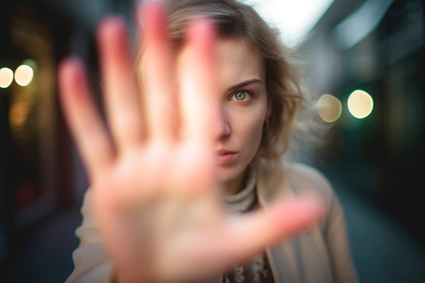 Woman's determined gesture signaling stop. Fighting abuse. Together we are stronger in this fight.