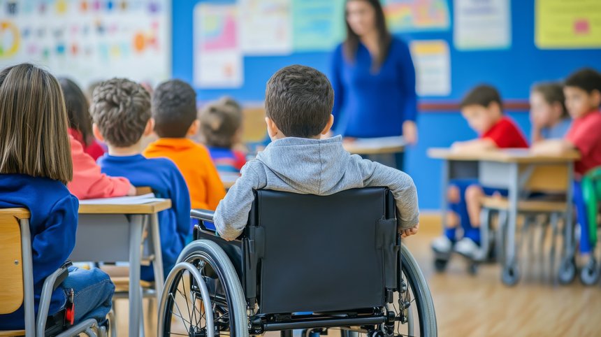 Classroom group children sitting desks teacher standing front Inclusive classrooms with diverse