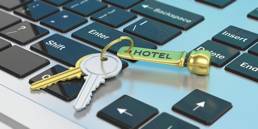 Hotel room keys on a keyboard. 3d illustration